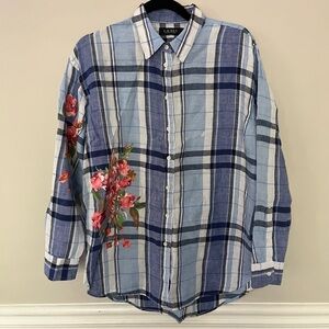 Lauren Ralph Lauren 100% linen blue plaid floral button front roll tab shirt L